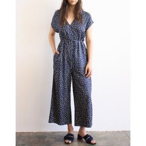 Ali Golden Womens Large Navy Polka Dot Jumpsuit With Waist Tie Short Sleeve